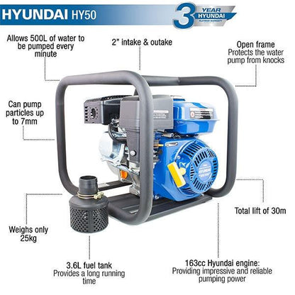 Hyundai HY50 Petrol Water Pump 163cc 2in 50mm Clean Water 466L/min 32m Head 5.5hp Professional Transfer Pump Drainage Pump Drainage Transfer Pump