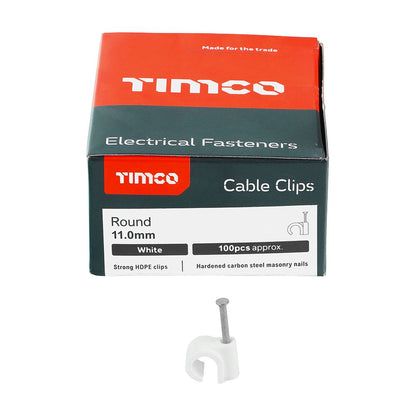 TIMCO Round Cable Clip White To fit 11.0mm White Pack 100