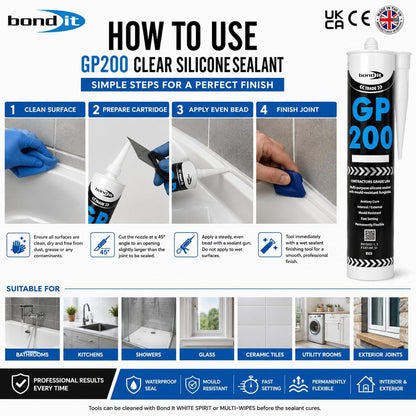 Bond It GP200 General Purpose Silicone Sealant 275ml – All Colours – Waterproof, Fast Setting and Mould Resistant for Interior and Exterior Use