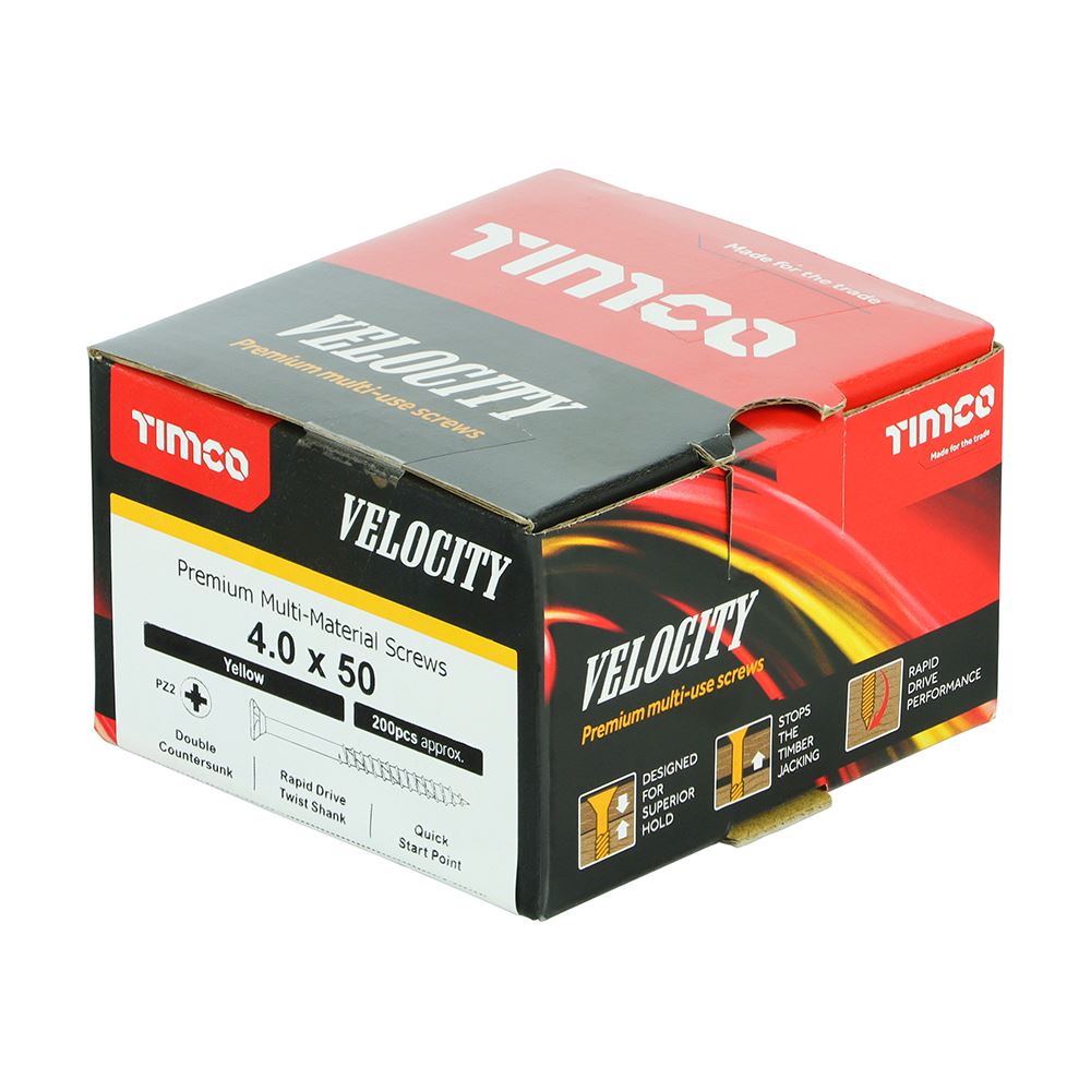 TIMCO Velocity Screw PZ2 CSK ZYP 4.0 x 50 Gold Pack 200
