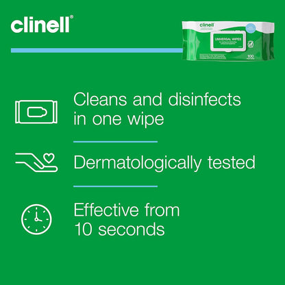 Clinell Universal Wipes White Pack of 100 Antibacterial Cleaning and Disinfectant Wipes for Hands Surfaces Equipment Healthcare Workplace and Home Use