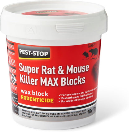 Pest Stop Super Rat & Mouse Killer MAX Wax Blocks - brodifacoum (15 x 10g) (Pack of 15)