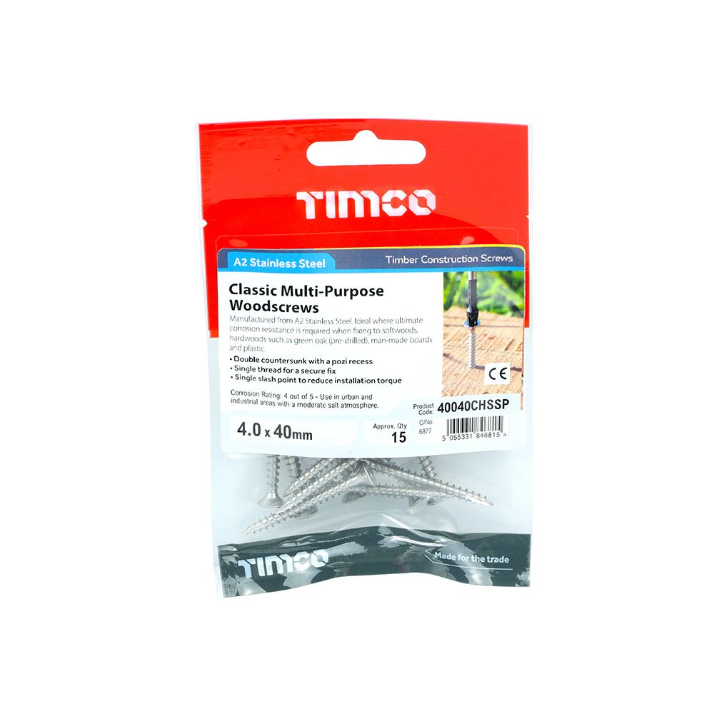 TIMCO Classic Screw PZ2 CSK - A2 S/S 4.0 x 40 Pack 15