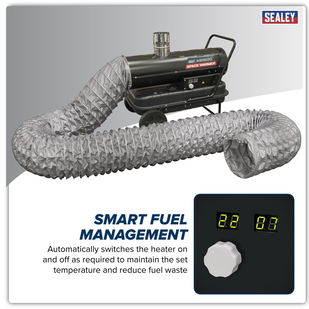 Sealey ABI600COMBO Space Warmer Indirect Kerosene/Diesel Heater 68,000Btu/hr with 5M Ducting | 68,242Btu/hr(20kW), 230V ~ 50Hz, Thermostat, Wheels