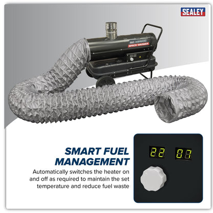 Sealey ABI600COMBO Space Warmer Indirect Kerosene/Diesel Heater 68,000Btu/hr with 5M Ducting | 68,242Btu/hr(20kW), 230V ~ 50Hz, Thermostat, Wheels