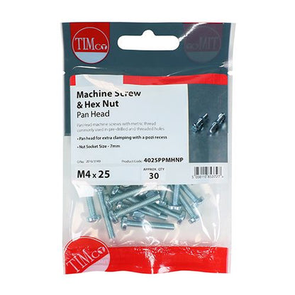 TIMCO Machine Screw & Nut PAN - BZP M4 x 20 Silver Pack 32