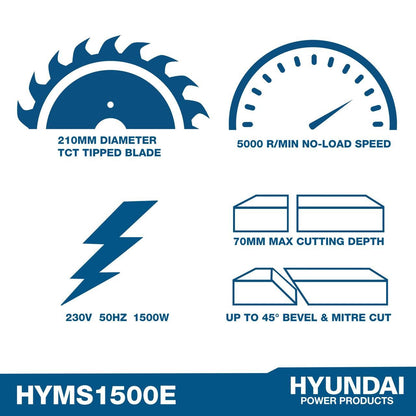 Hyundai HYMS1500E Electric Mitre Saw 1500W 210mm Blade 70mm Cut Sliding 230V Chop Saw Sliding Saw Woodworking Chop Saw