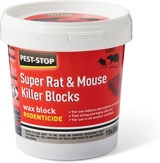 Pest Stop Super Rat & Mouse Killer Wax Blocks - bromadiolone (15 x 20g) (Pack of 15)