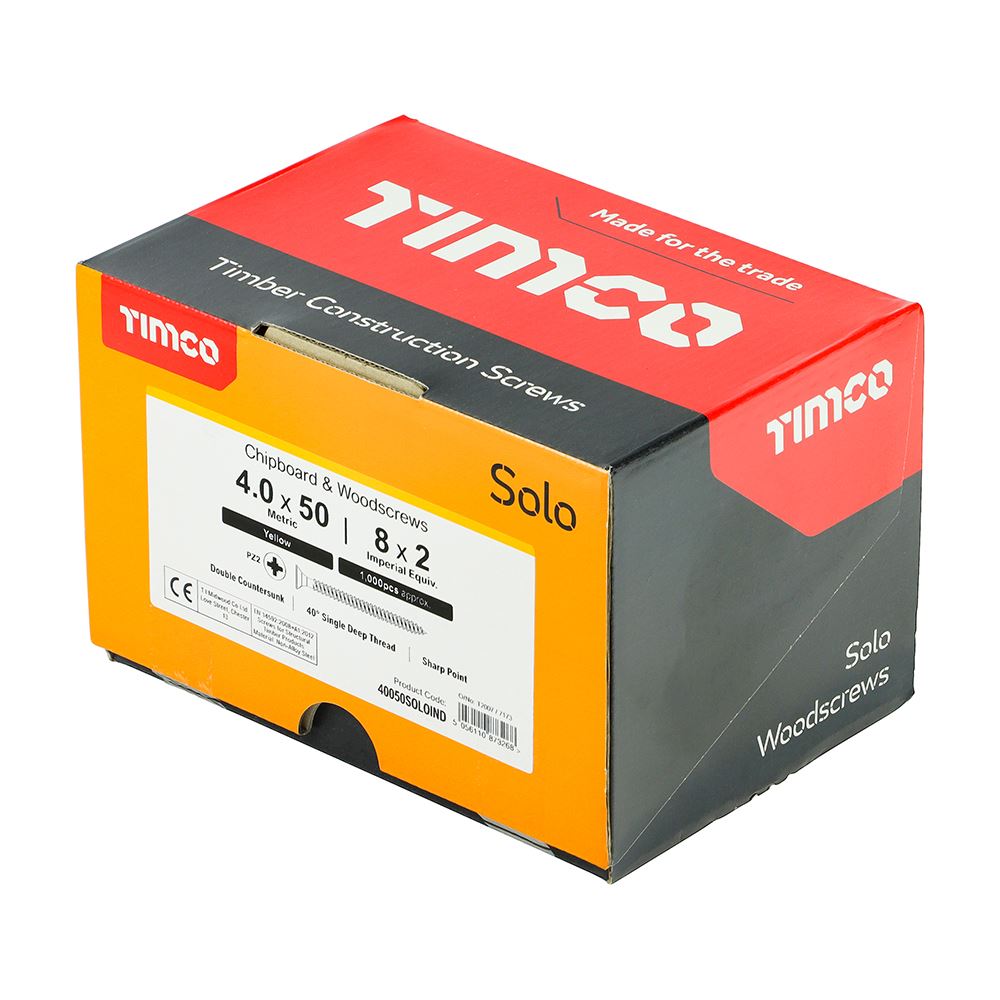 TIMCO Solo Woodscrew CSK - ZYP (IND) 4.0 x 50 Gold Pack 1000