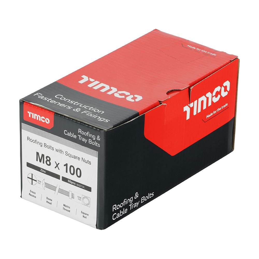 TIMCO Roofing Bolt & SQ Nut Zinc M8 x 100 Silver Pack 50