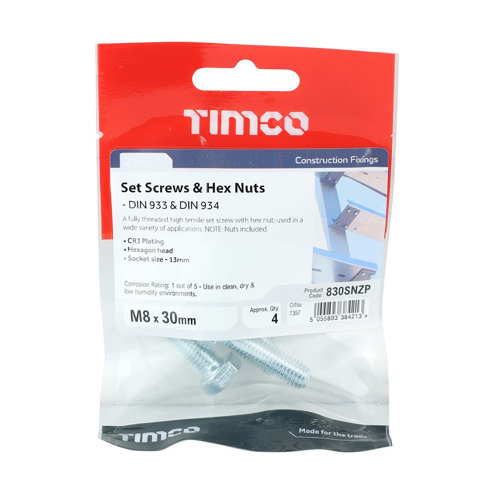 TIMCO Set Screw & Hex Nut - BZP M8 x 30 Silver Pack 4