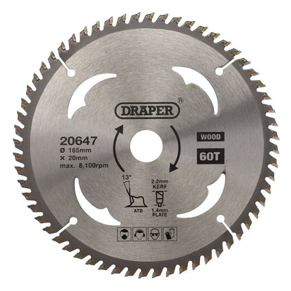 Draper TCT SAW BLADE 165MM 60T WOOD 20647 TCT Circular Saw Blades for Wood 165 x 20mm