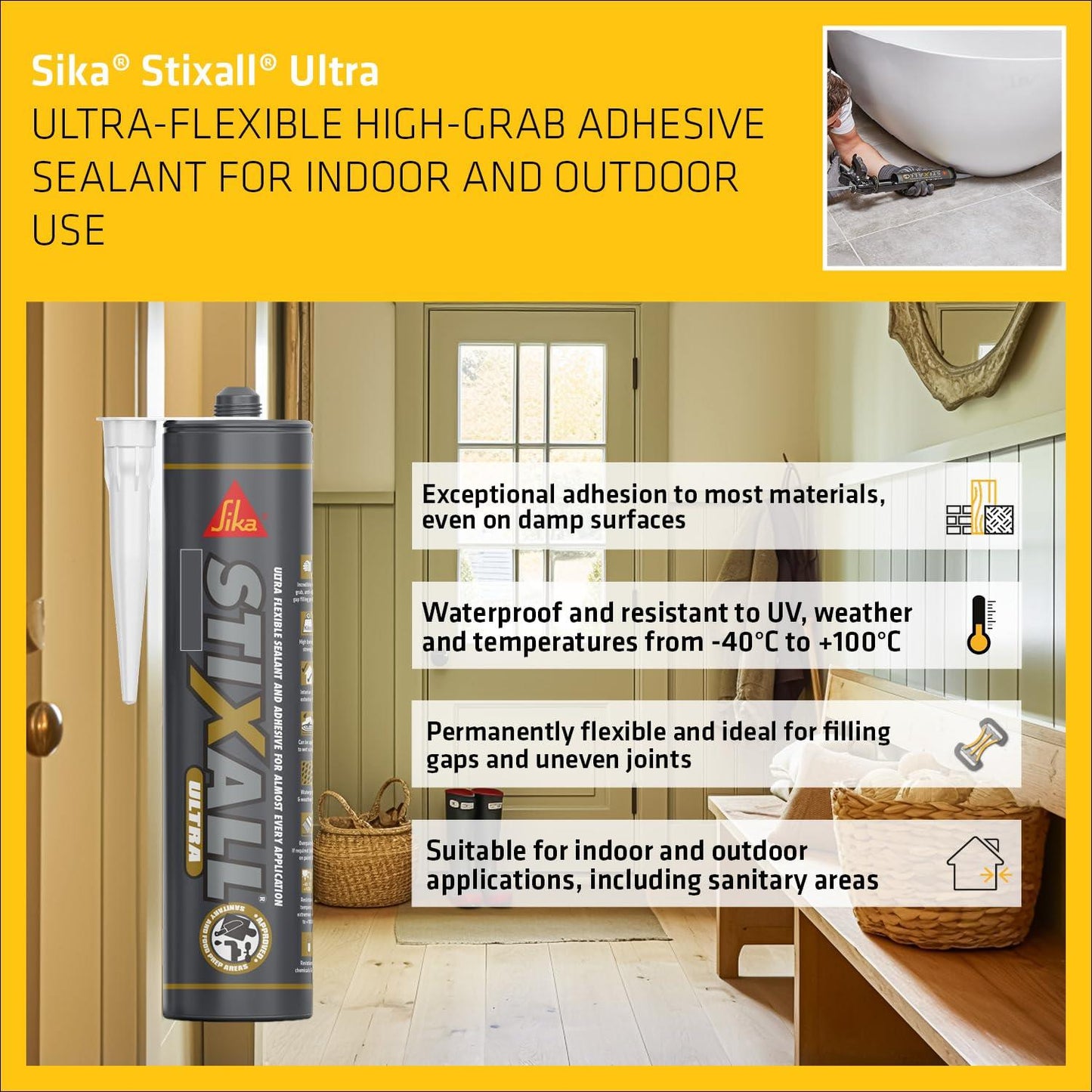 Sika Stixall Maximum Grab White 290ml Building Adhesive – Ultra High Grab, Waterproof, Flexible Interior & Exterior Bonding