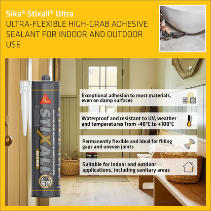 Sika Stixall Maximum Grab White 290ml Building Adhesive – Ultra High Grab, Waterproof, Flexible Interior & Exterior Bonding