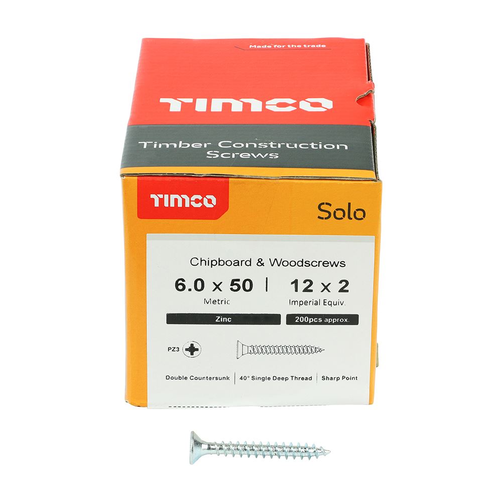 TIMCO Solo Woodscrew PZ3 CSK Zinc 6.0 x 50 Silver Pack 200