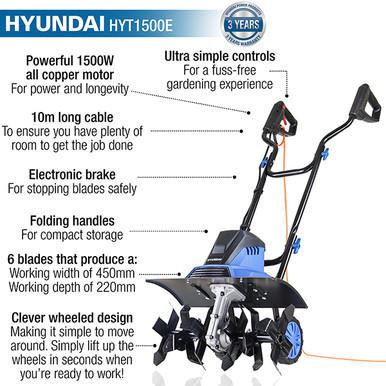 Hyundai HYT1500E Electric Garden Tiller 1500W 45cm Width 22cm Depth 6 Blades 450mm Cultivator Rotavator Soil Cultivator Rotavator