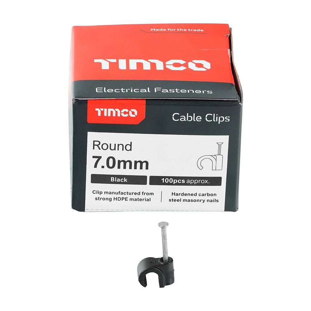 TIMCO Round Cable Clip Black To fit 7.0mm Black Pack 100