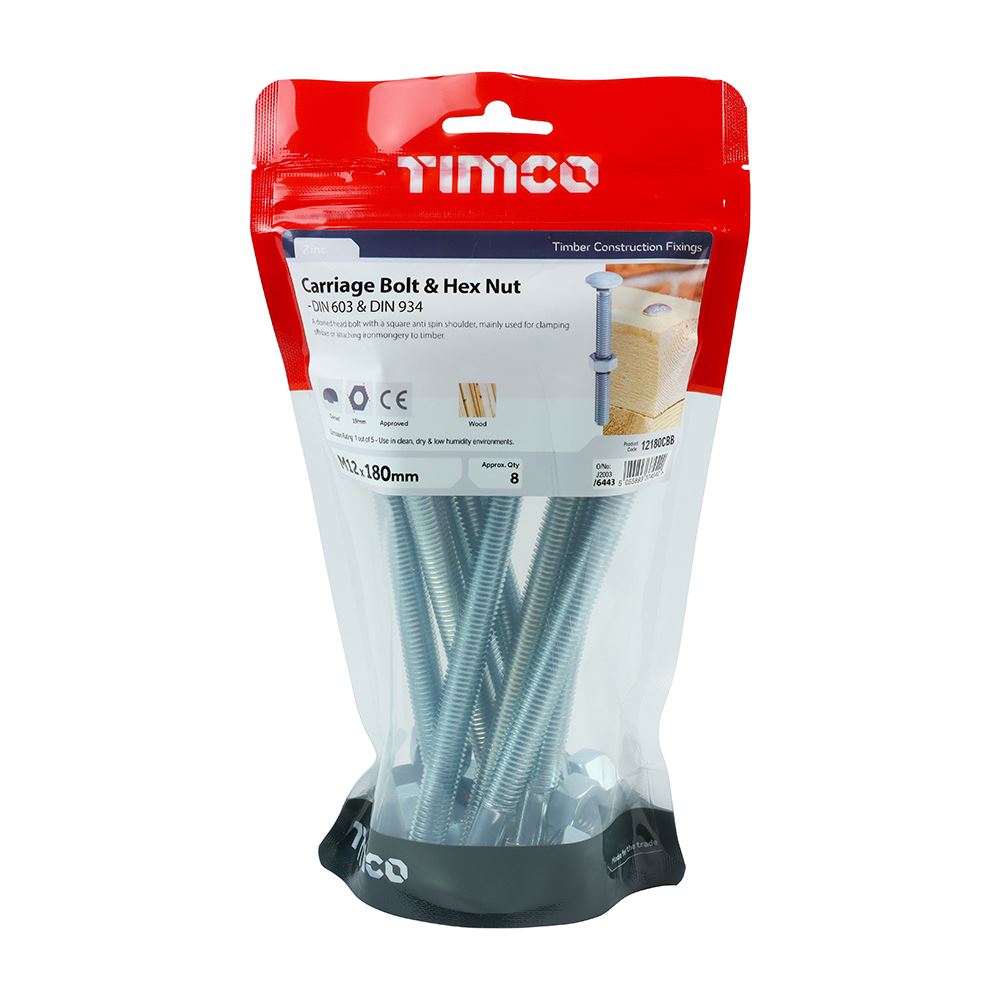 TIMCO Carriage Bolt & Hex Nut - BZP M12 x 180 Silver Pack 8