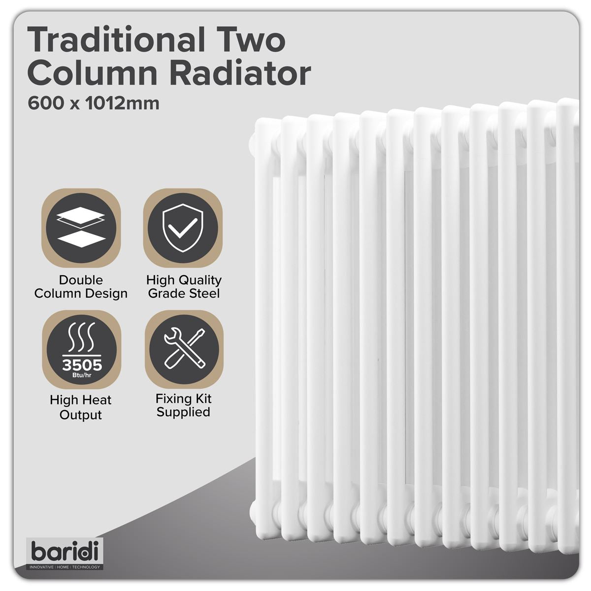 Baridi DH369 Horizontal Traditional 2 Column Radiator 600 x 1012mm - White | Steel | Horizontal traditional two column radiator delivers a BTU output
