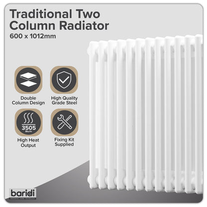 Baridi DH369 Horizontal Traditional 2 Column Radiator 600 x 1012mm - White | Steel | Horizontal traditional two column radiator delivers a BTU output