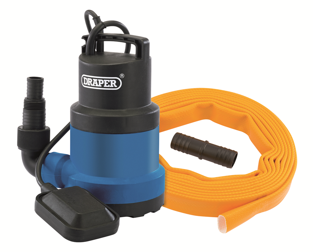 Draper 191L CW SUB PUMP/LAY FLAT HOSE 12429 12429 Submersible Clean Water Pump with Float Switch and Layflat Hose, 191L/min, 550W