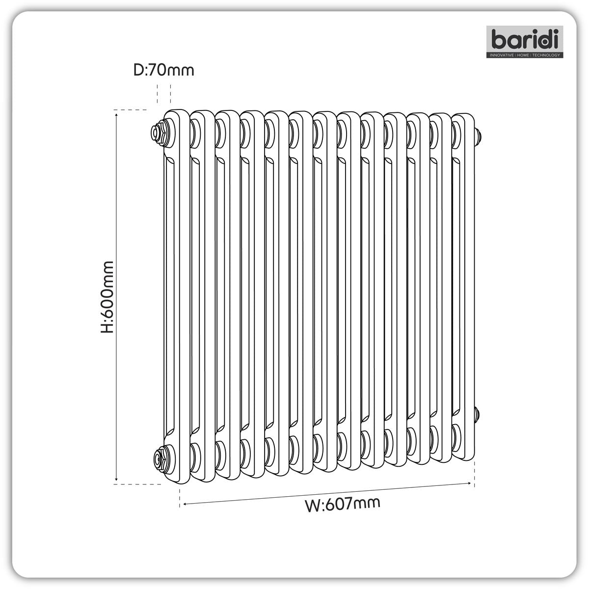 Baridi DH357 Horizontal Traditional 2 Column Radiator 600 x 607mm - Anthracite | Steel | Horizontal traditional two column radiator delivers a BTU