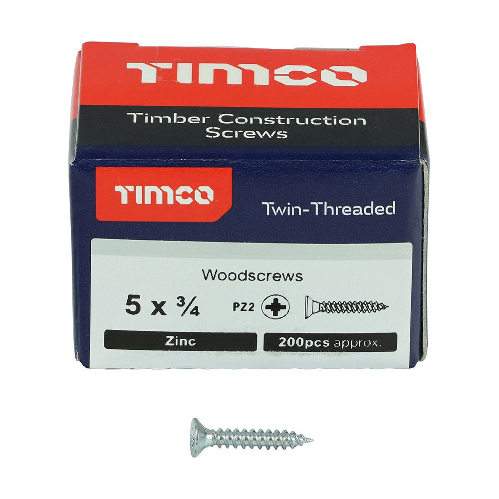 TIMCO Twin Woodscrew PZ2 CSK Zinc 5 x 3/4 Silver Pack 200