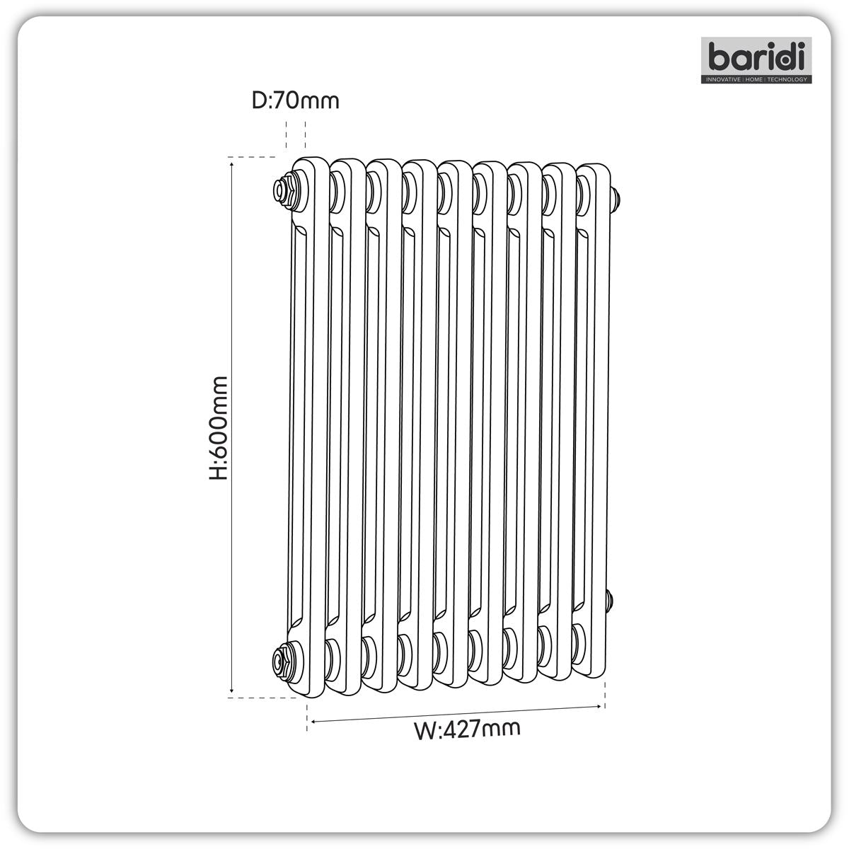 Baridi DH361 Horizontal Traditional 2 Column Radiator 600 x 427mm - Black | Steel | Horizontal traditional 2 column radiator delivers a BTU output of