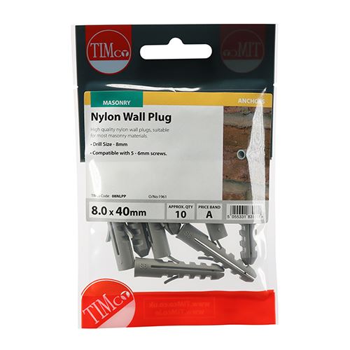 TIMCO Nylon Plug 8.0 x 40 Pack 10