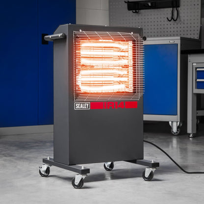 Sealey IR14 Infrared Cabinet Heater 1.4/2.8kW 230V | 1400/2800W, 230V-13A, Thermostat, Timer, Adjustable | Powder coated metal cabinet with two ruby