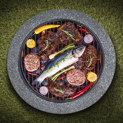 Dellonda DG189 Round MgO Fire Pit with BBQ Grill & Safety Mesh Screen 60cm - Dark Grey | Magnesium Oxide | The fire pit is made from MgO (Magnesium