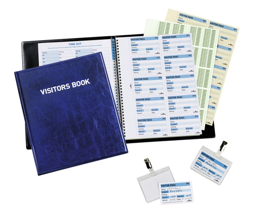 Durable PU Leather GDPR Visitor Book | 100 Name Badges & Security Sheet | Blue