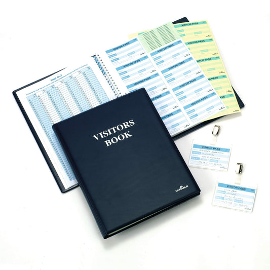 Durable PU Leather GDPR Visitor Book | 300 Name Badges & Security Sheet | Blue