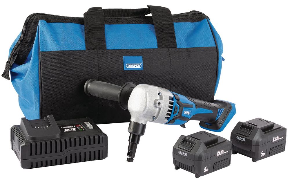 Draper NIBBLER 20V 2X5AH 99732 D20 20V Brushless Nibbler Kit (+2 x 5Ah Batteries, Charger and Bag)
