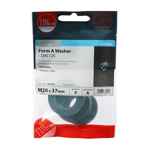 TIMCO Form A Washer DIN 125A - BZP M20 Silver Pack 4