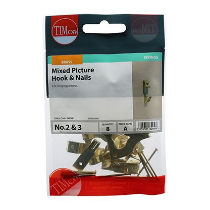 TIMCO Picture Hook & Nails - E/Brass Mixed Pack 8