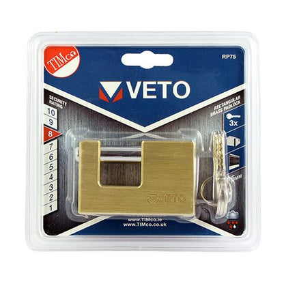 TIMCO Brass Rectangle Padlock 75mm Pack 1