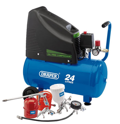 90126 Draper 230V 24L Oil-Free Compressor, 1.1kW/1.5hp and Air Tool Kit DA25/19/K Air Tool Kits W 570 x D 250 x H 570mm Professional Trade DIY Works