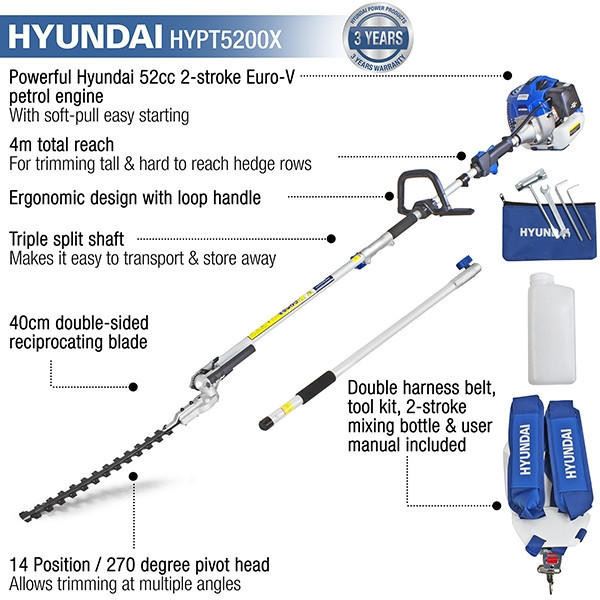 Hyundai HYPT5200X Petrol Hedge Trimmer 52cc Long Reach Hedge Cutter Garden Trimmer Garden Hedge Cutter