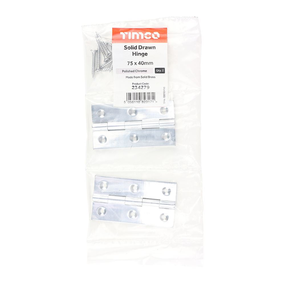 TIMCO Solid Drawn Hinge P/Chrome 75 x 40 Pack 2
