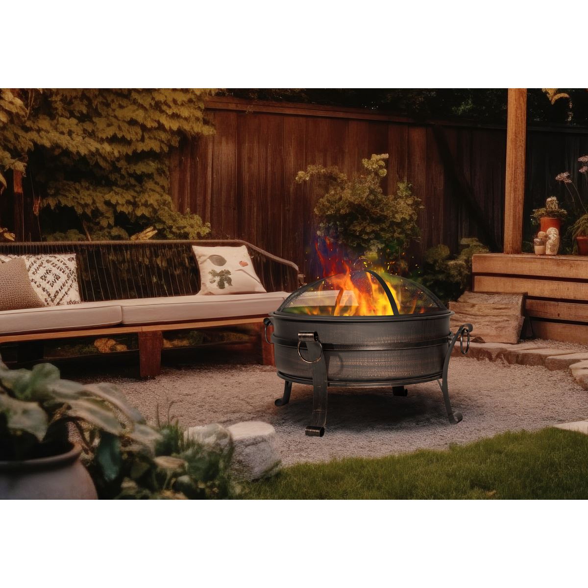 Dellonda DG237 Deluxe 2-in-1 Outdoor Fire Pit/Coffee Table with Drawstring Cover 93cm Antique Bronze Effect | Water Resistant, Drawstring, Safety