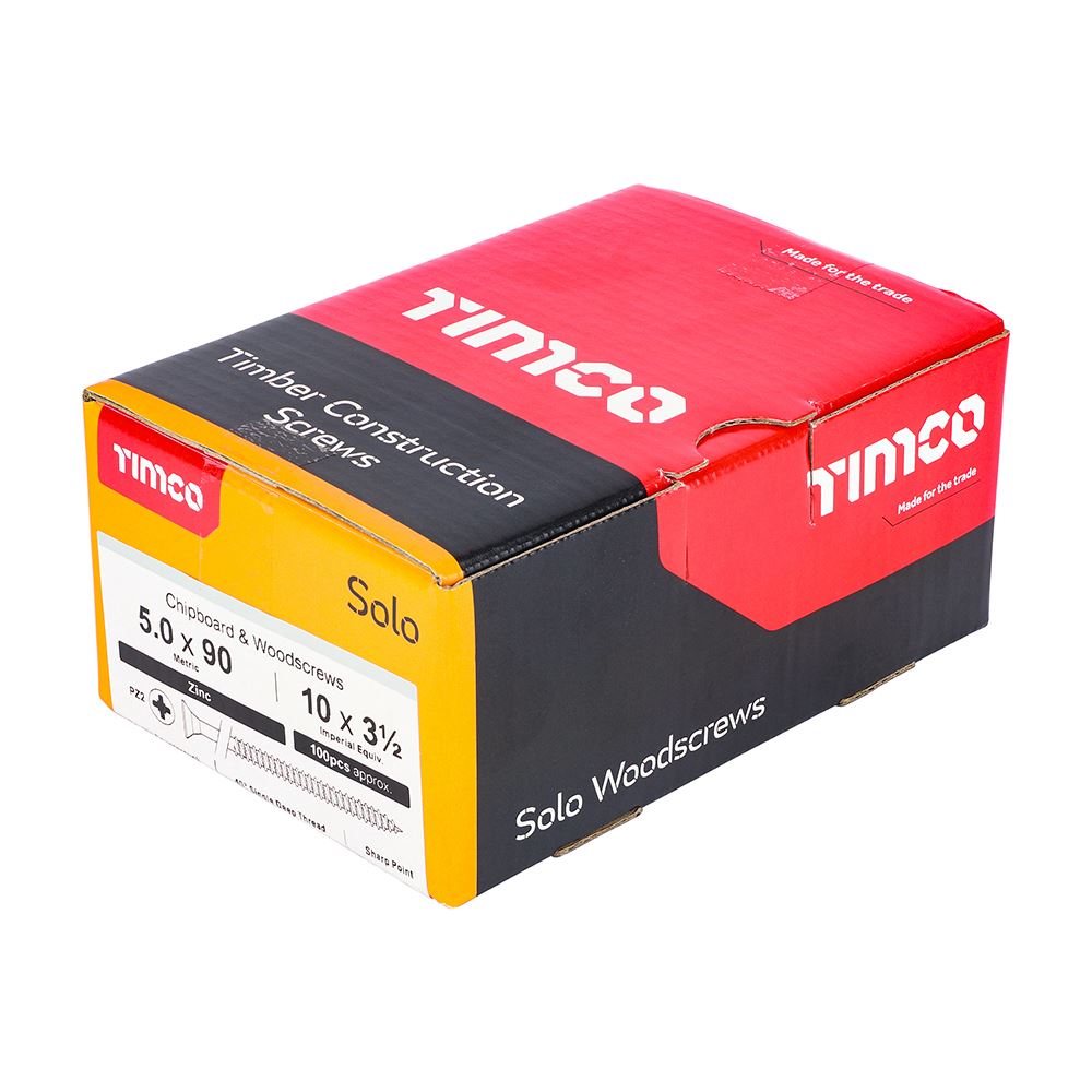 TIMCO Solo Woodscrew PZ2 CSK Zinc 5.0 x 90 Silver Pack 100