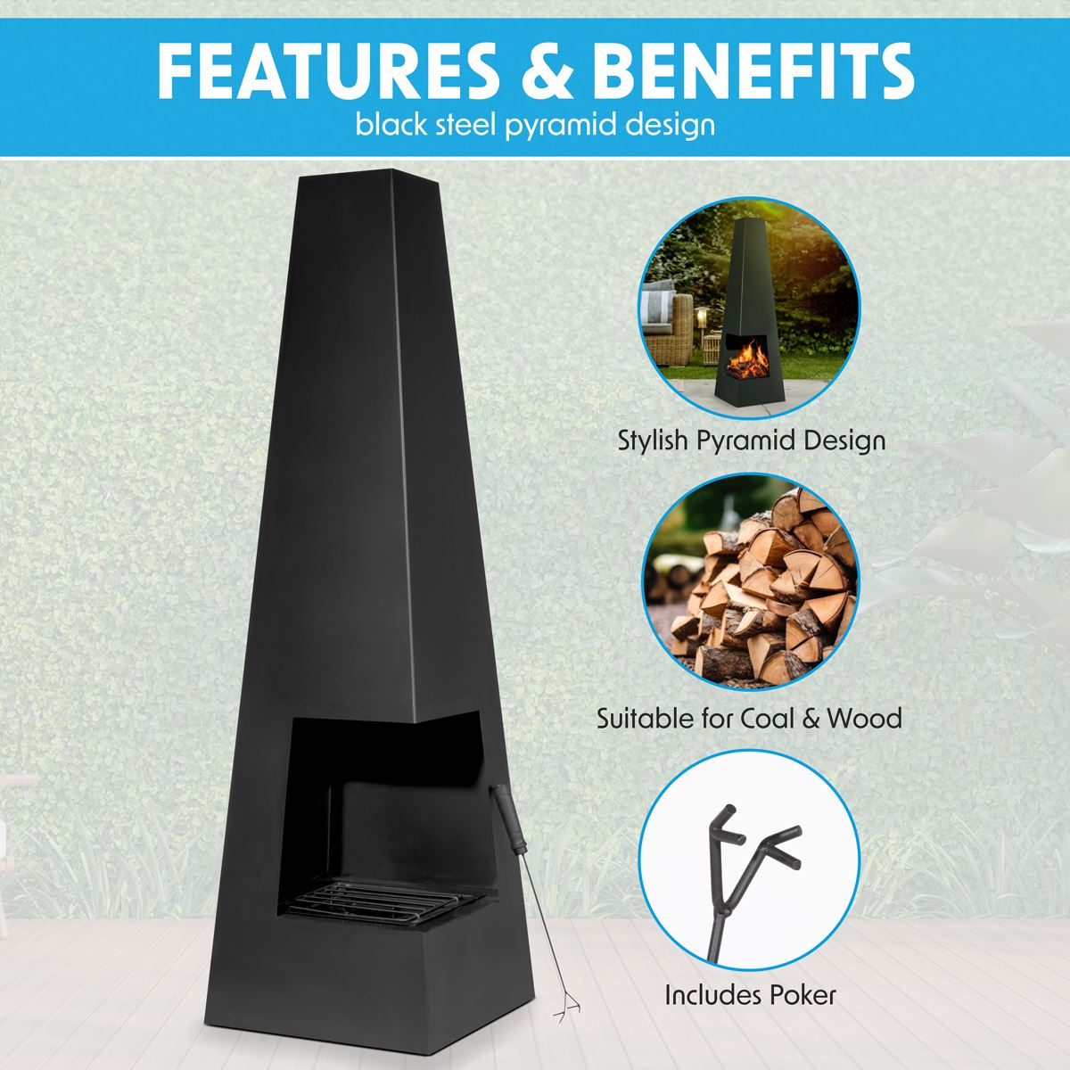 Dellonda DG105 Chiminea, Wood Burner, Heater for Outdoors W45cm x H150cm - Black Steel | Stylish chiminea is perfect for relaxing outdoors with family