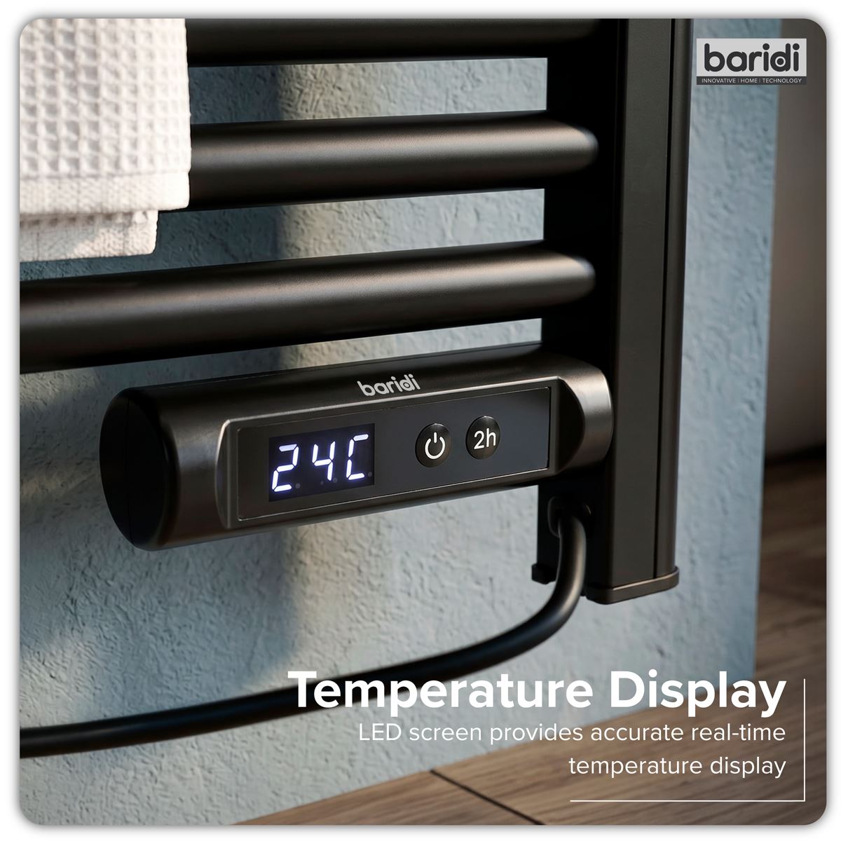 Baridi DH371 Electric Heated Towel Rail 1085 x 535mm with LED Display - Black | 425W, 230V - 50HZ, Overheat Protection | LED temperature display.