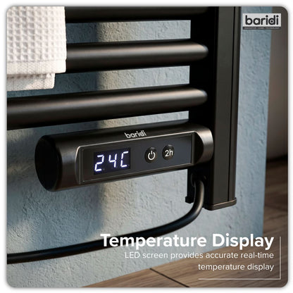 Baridi DH371 Electric Heated Towel Rail 1085 x 535mm with LED Display - Black | 425W, 230V - 50HZ, Overheat Protection | LED temperature display.