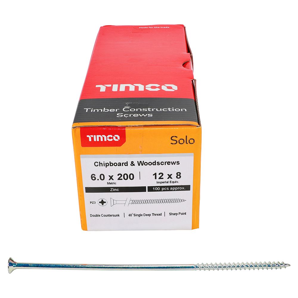 TIMCO Solo Woodscrew PZ3 CSK Zinc 6.0 x 200 Silver Pack 100