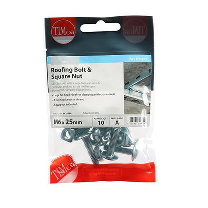 TIMCO Roofing Bolt & SQ Nut - BZP M6 x 25 Silver Pack 10