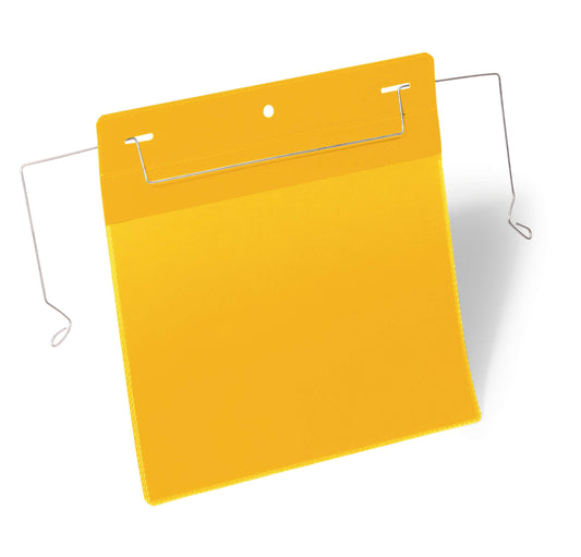 Durable Wire Hanger Ticket Holder Document Pocket | 50 Pack | A5 Yellow