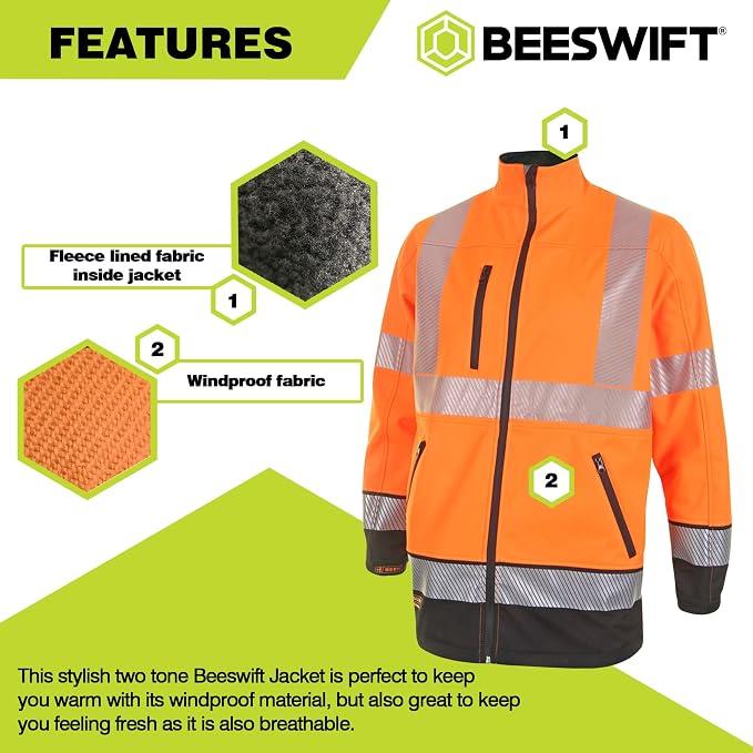 Beeswift Deltic Hi Vis Softshell Jacket Colour Size Options Windproof Breathable Fleece Backed Workwear with Reflective Tape and Zipped Pockets