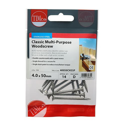TIMCO Classic Screw PZ2 CSK - A2 S/S 4.0 x 50 Pack 14